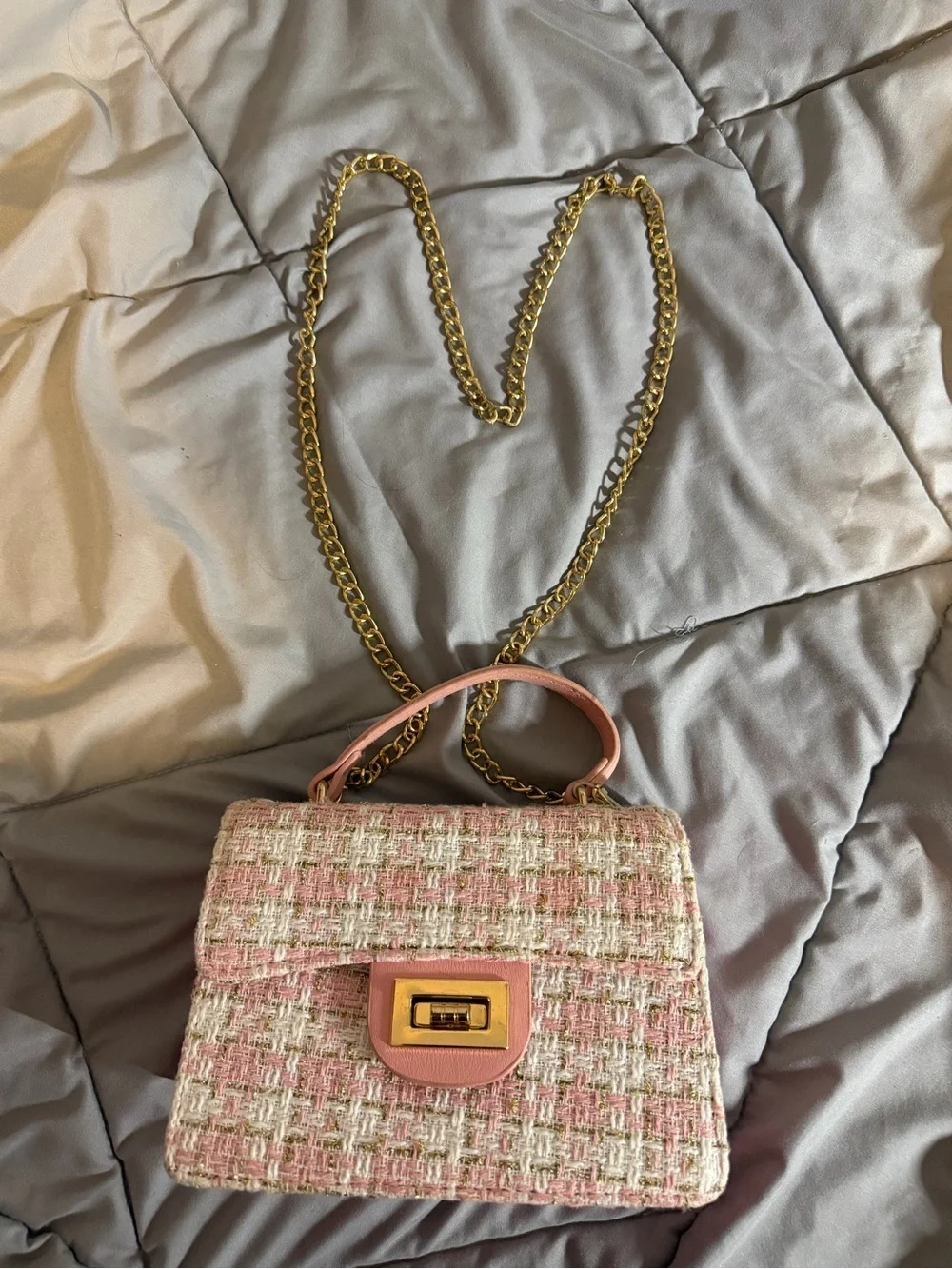 Pink Tweed Chain-Handle Shoulder Bag